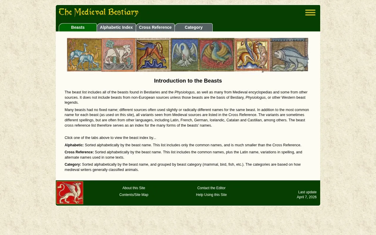 Bestiary homepage screenshot