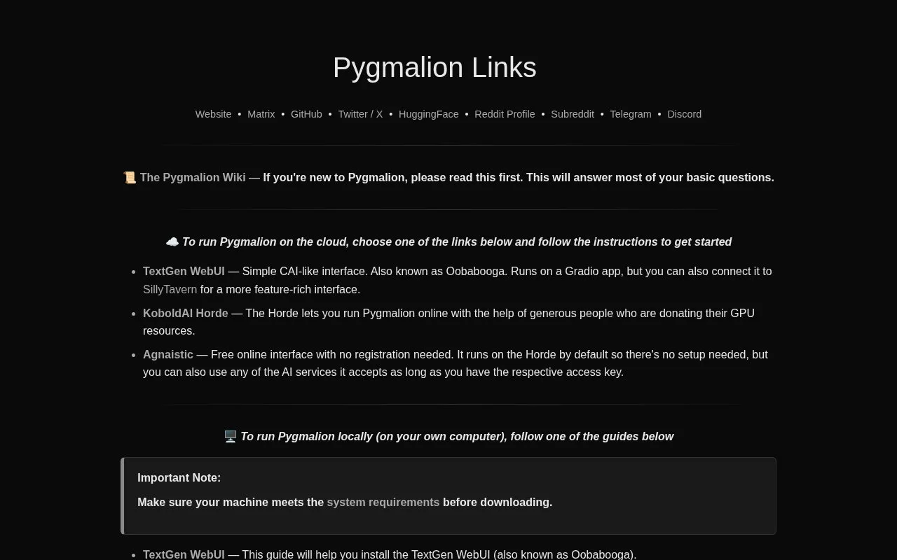 Pygmalion Links homepage screenshot