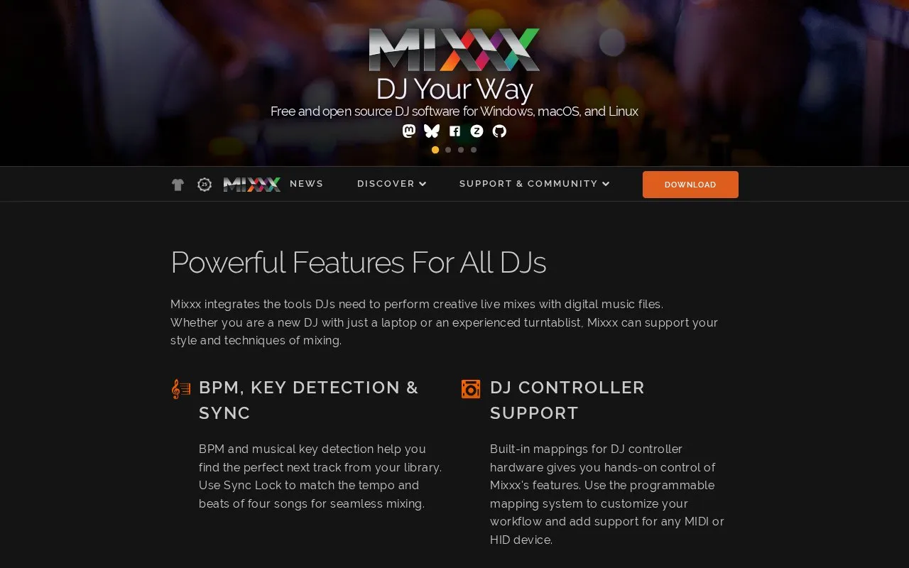 Mixxx homepage screenshot