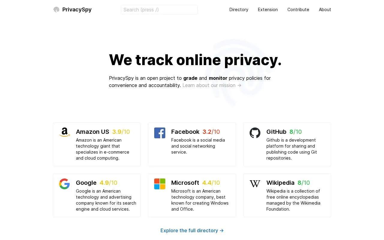 PrivacySpy homepage screenshot