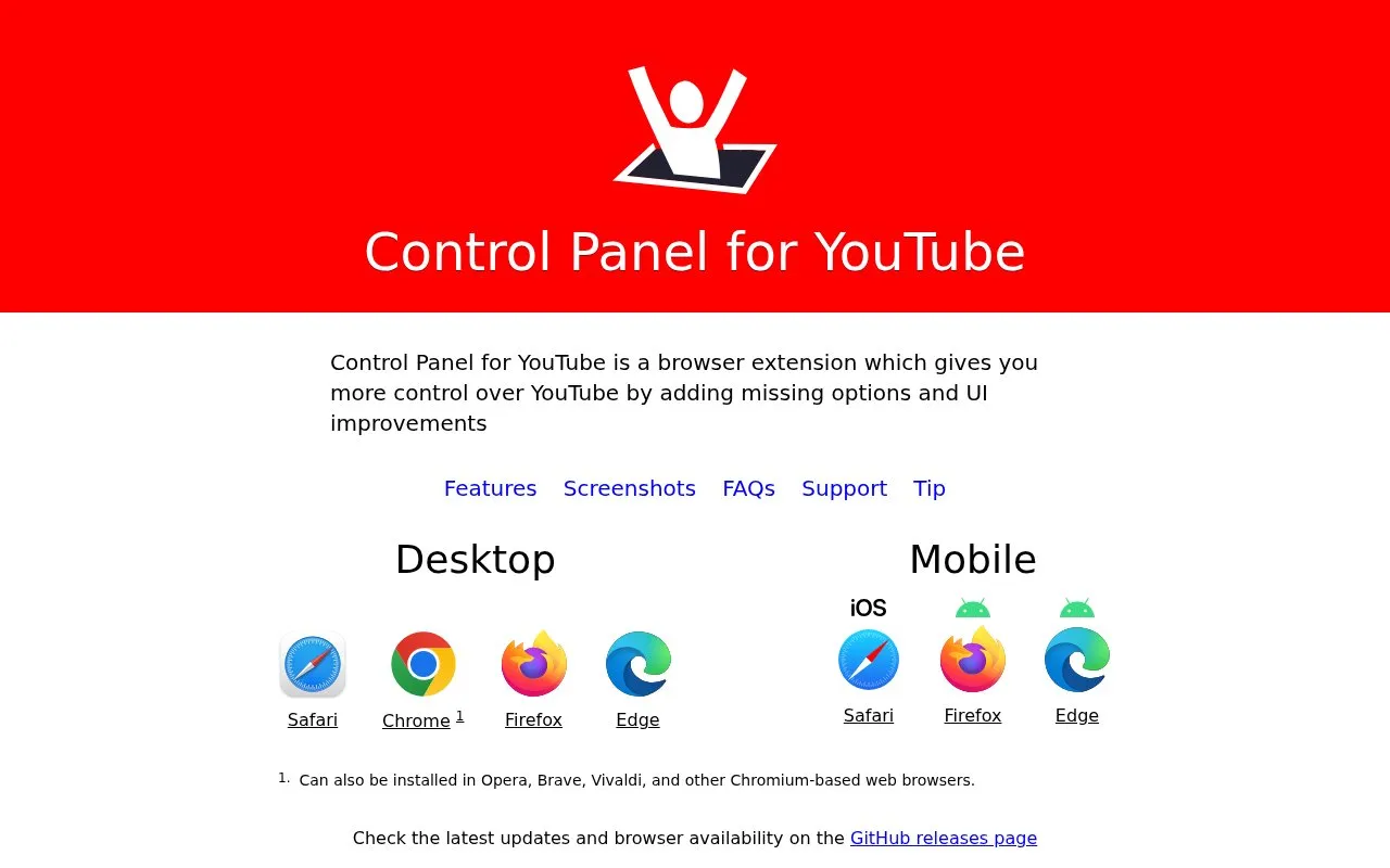 Control Panel for YouTube homepage screenshot