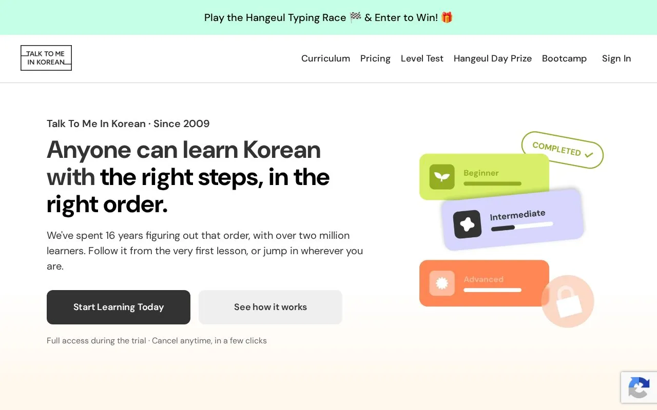 TalkToMeInKorean homepage screenshot