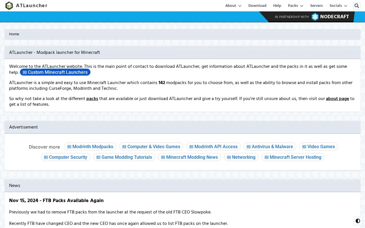ATLauncher homepage screenshot