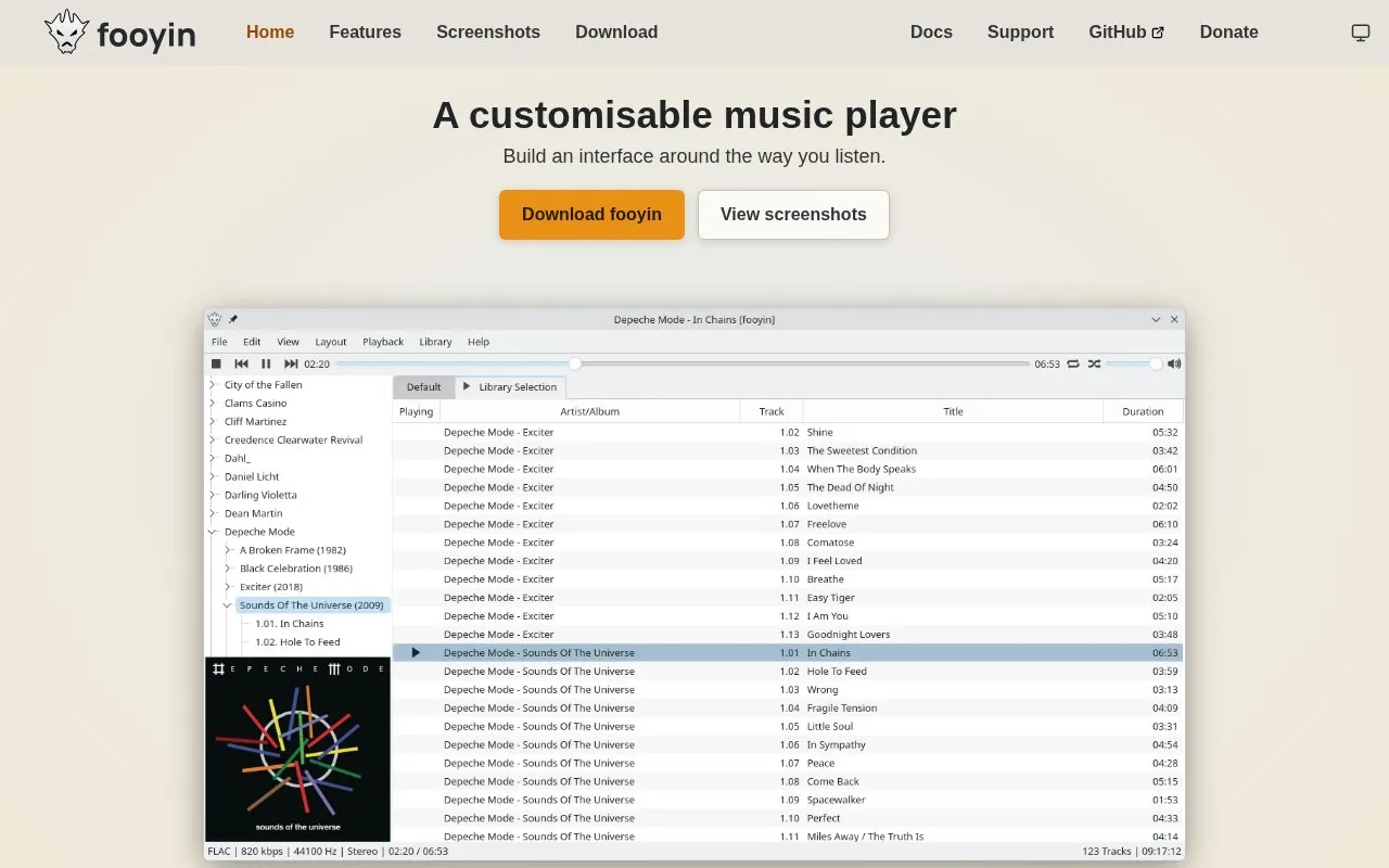 fooyin homepage screenshot