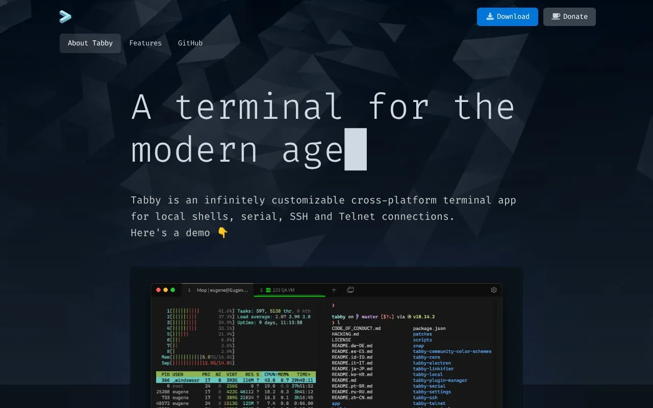 tabby homepage screenshot