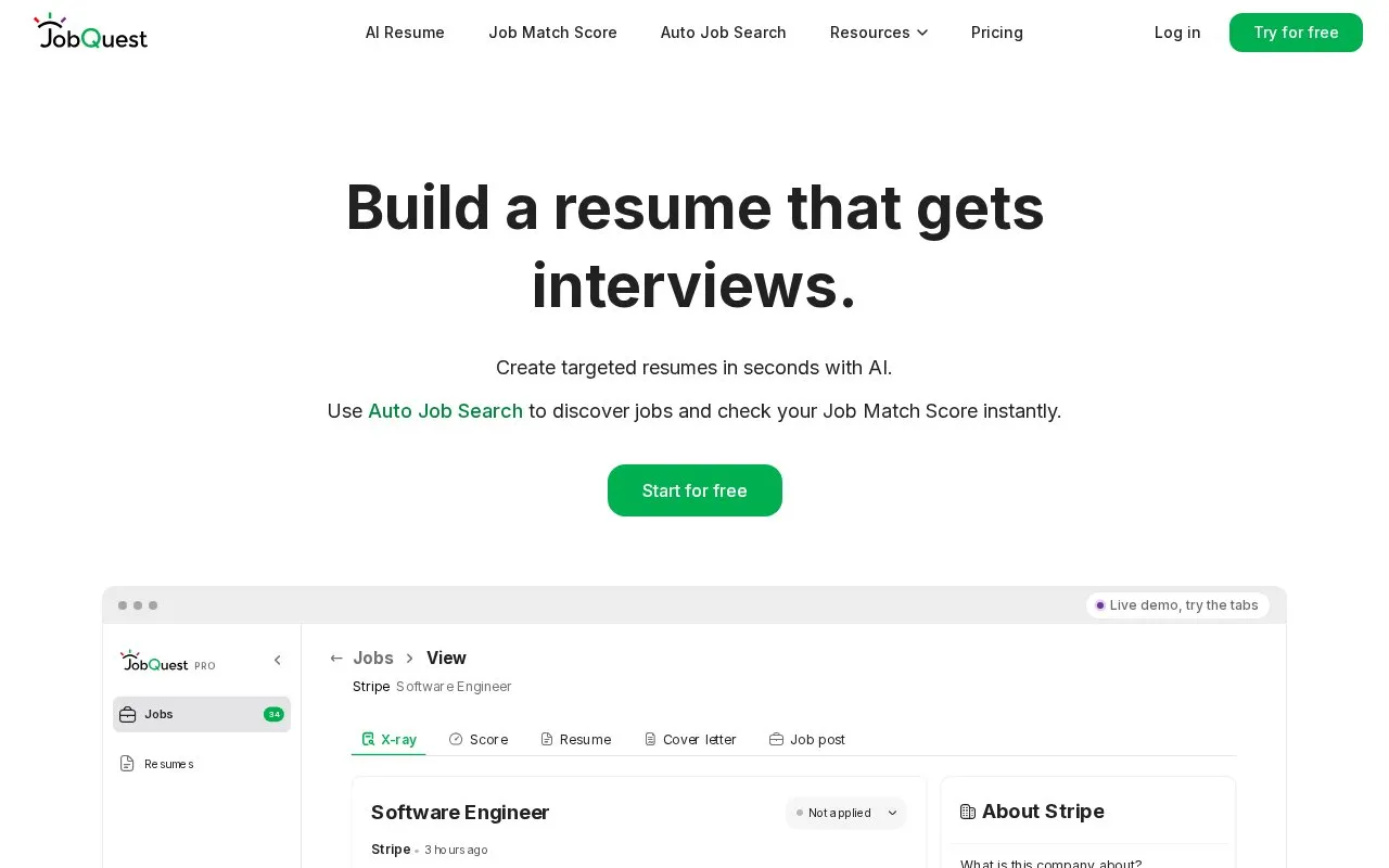 JobQuest homepage screenshot