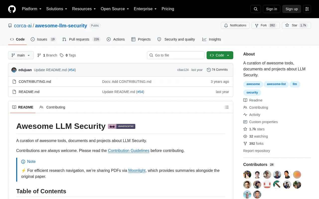 corca-ai/awesome-llm-security homepage screenshot
