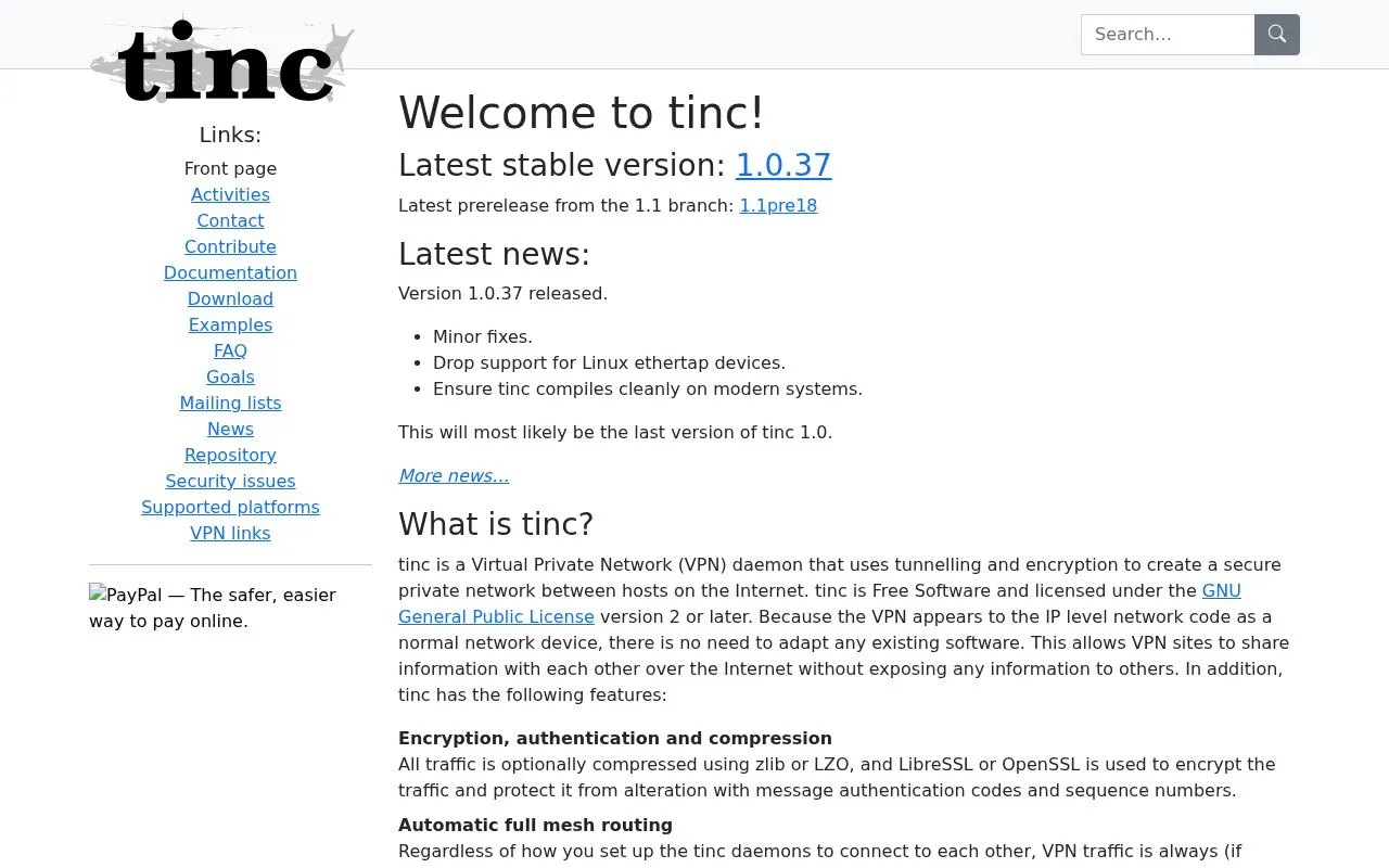 tinc VPN homepage screenshot