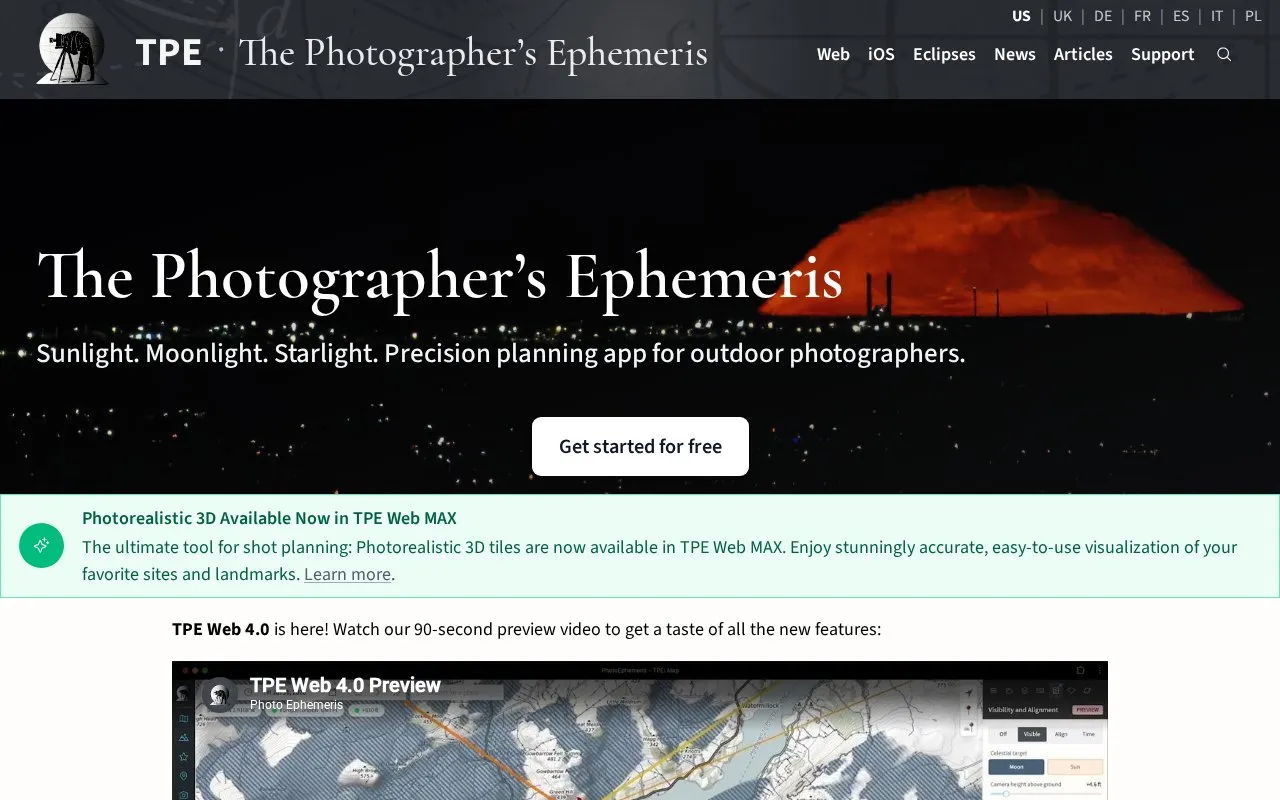 PhotoEphemeris homepage screenshot