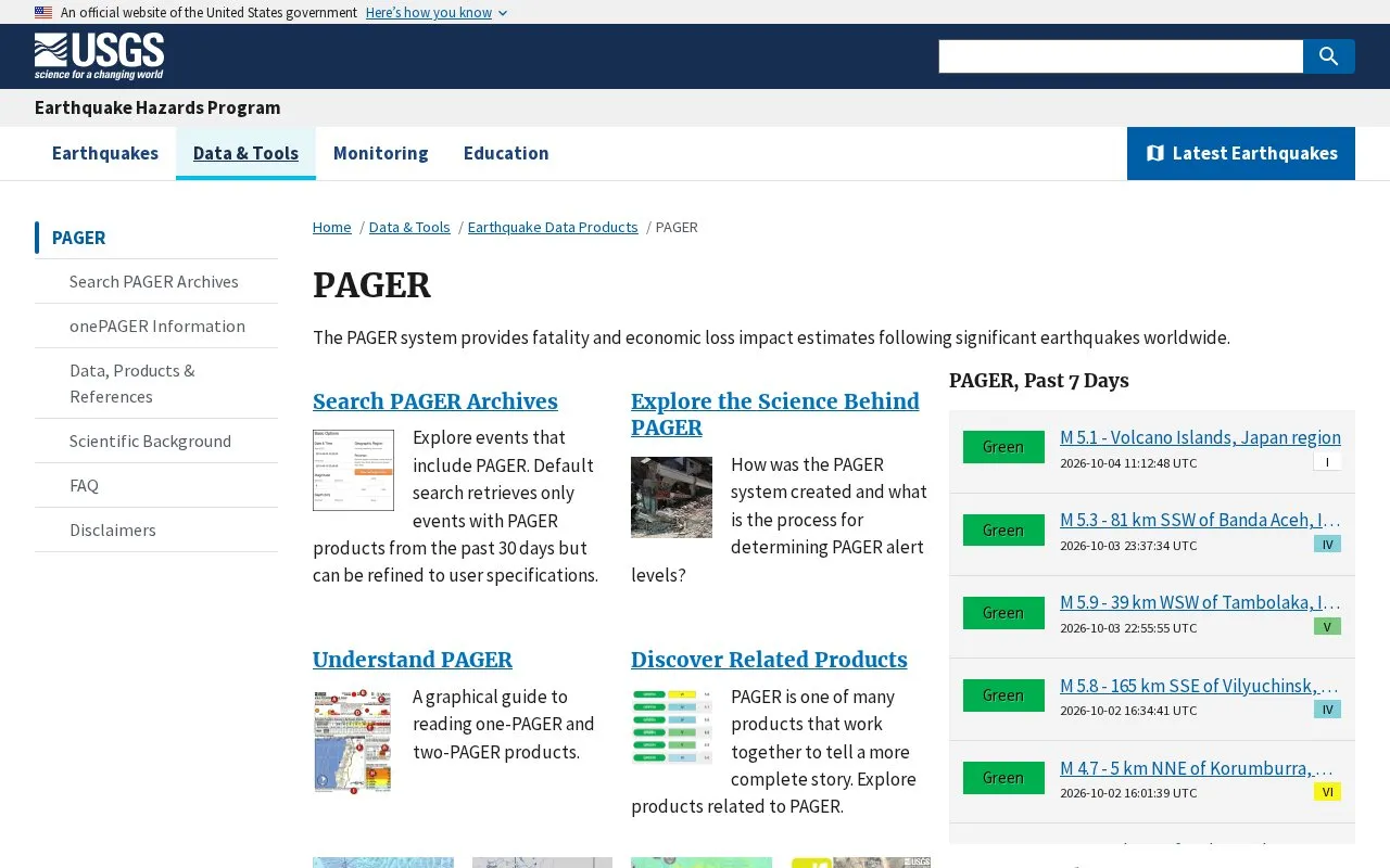 Prompt Assessment of Global Earthquakes for Response homepage screenshot