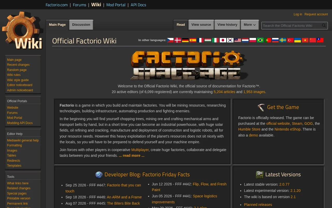 Factorio Wiki homepage screenshot