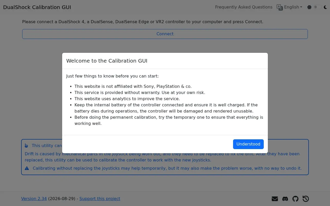 Calibration GUI homepage screenshot