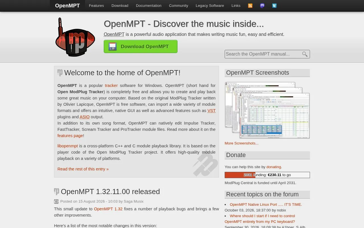 OpenMPT homepage screenshot