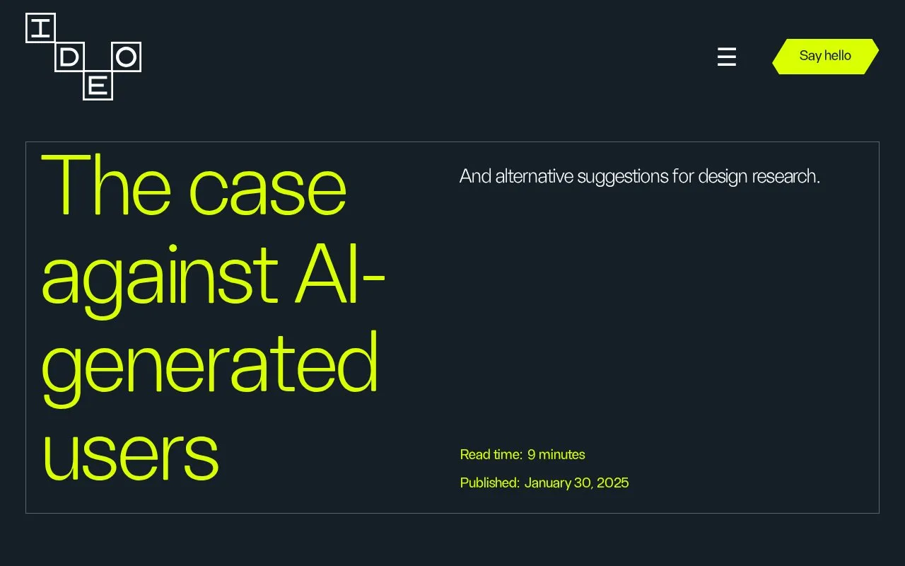 The case against AI-generated users - IDEO homepage screenshot