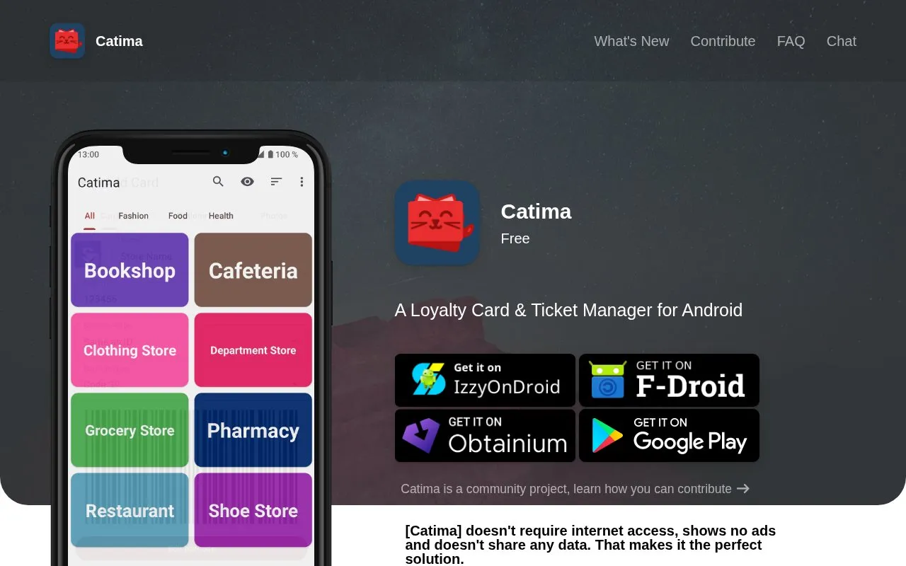 Catima homepage screenshot