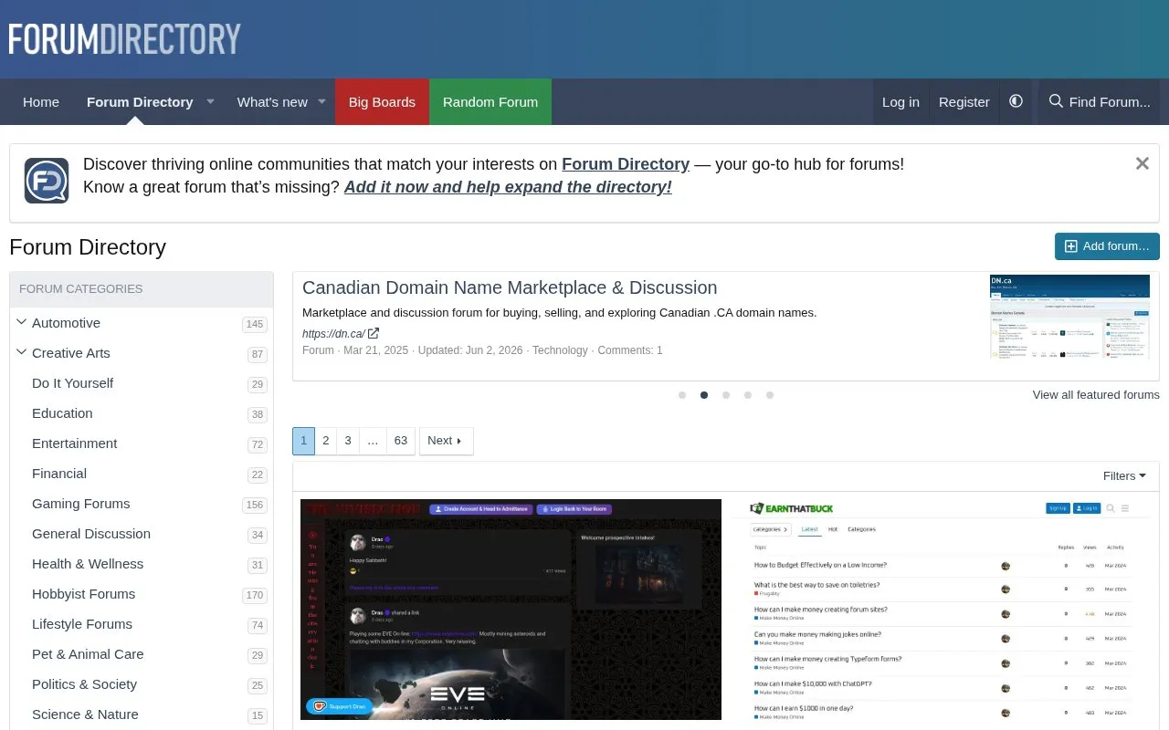 ForumDirectory homepage screenshot