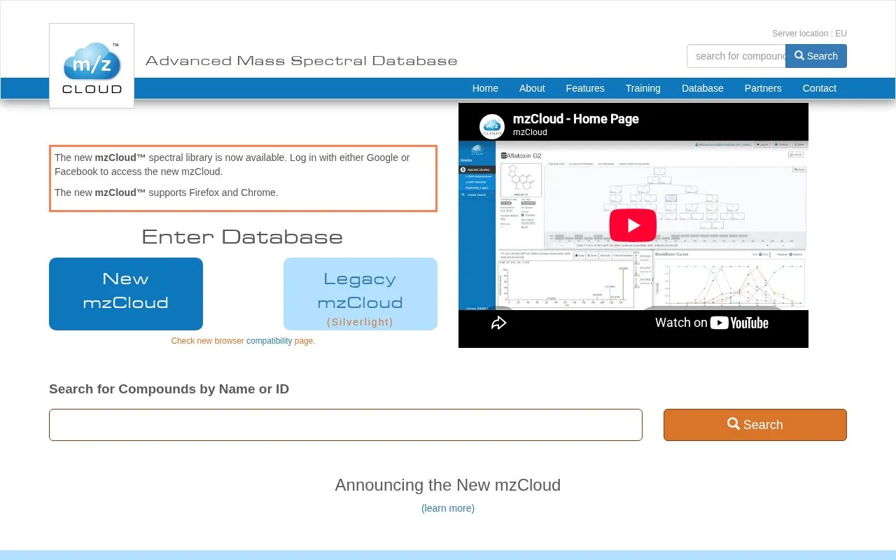 mzCloud homepage screenshot