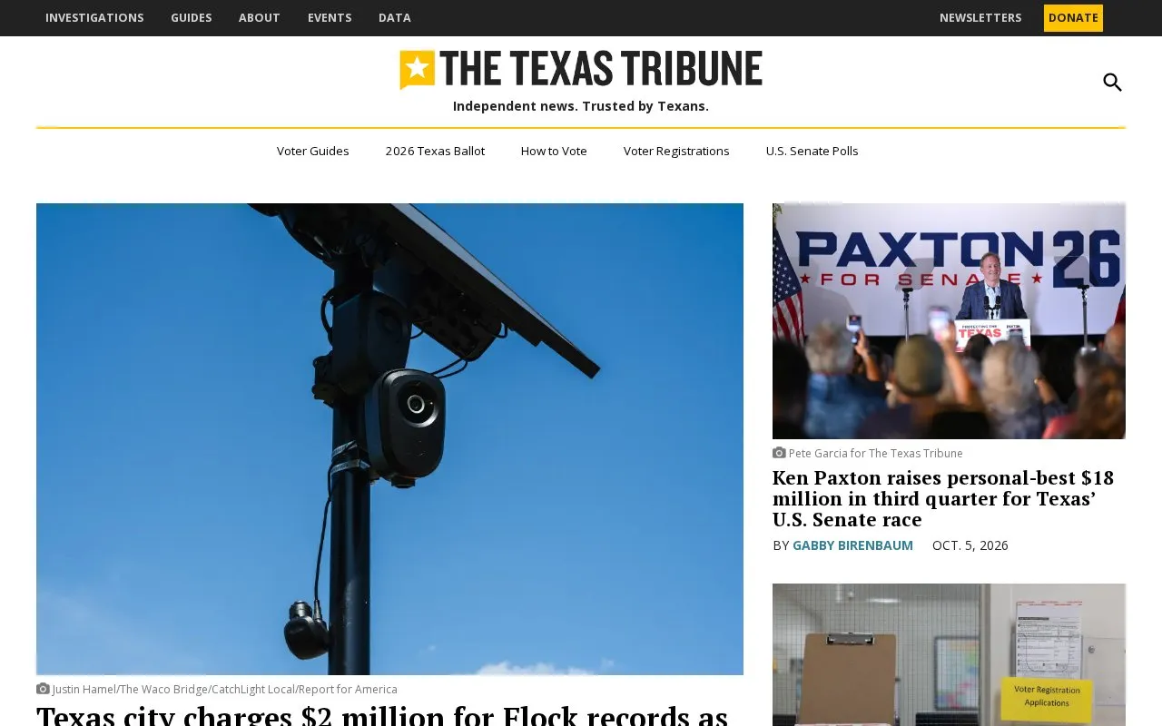 The Texas Tribune homepage screenshot