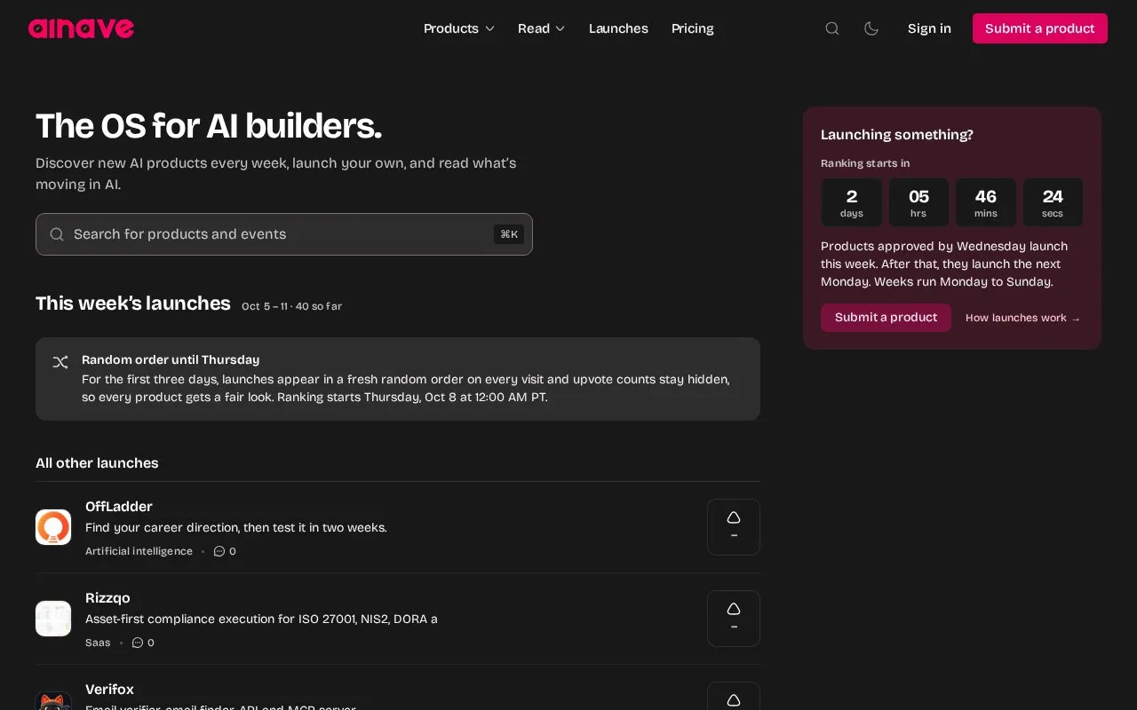 AINave homepage screenshot