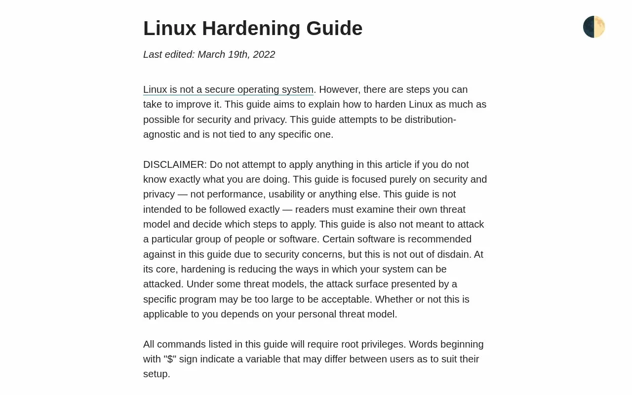 Linux Hardening homepage screenshot