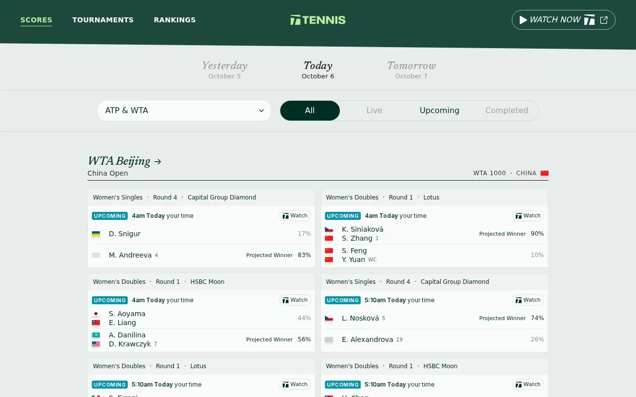 Tennis homepage screenshot