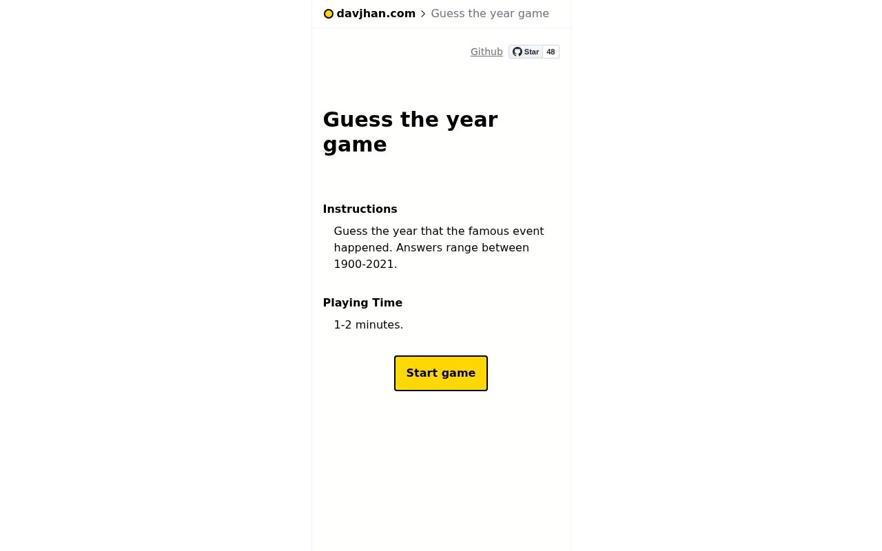 Guess The Year homepage screenshot