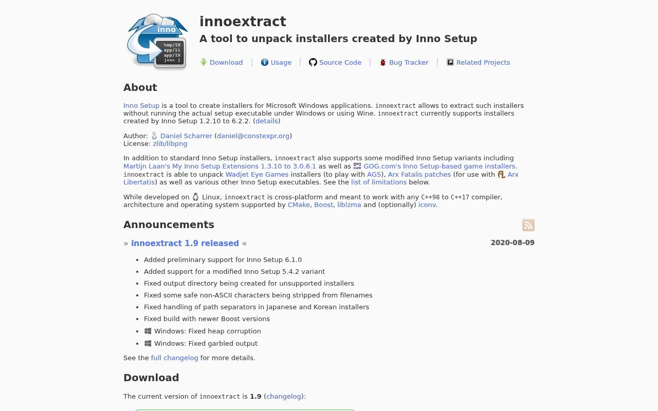 innoextract homepage screenshot