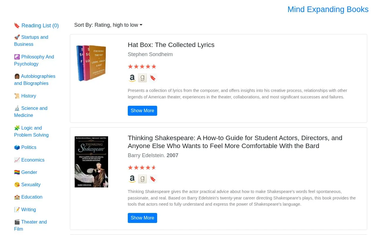 Mind Expanding Books homepage screenshot