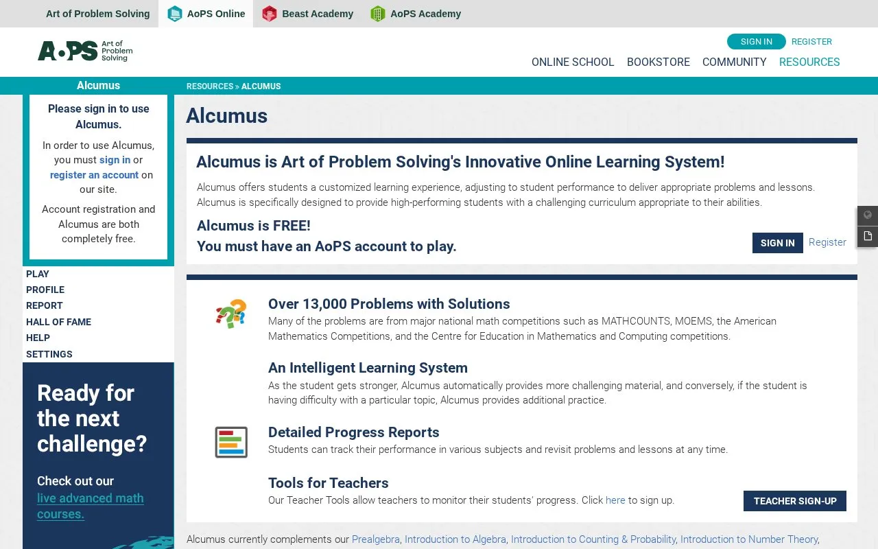AoPS Alcumus homepage screenshot