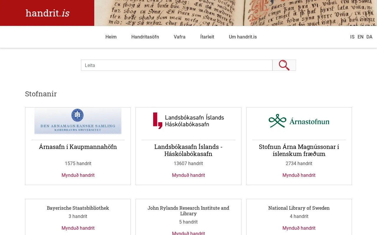 Handrit.is homepage screenshot