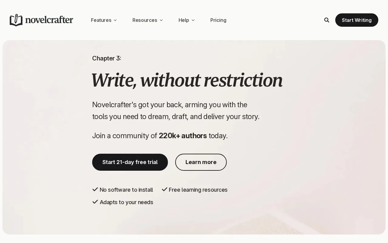 novelcrafter homepage screenshot