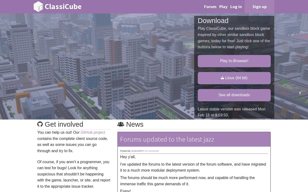 Classicube homepage screenshot