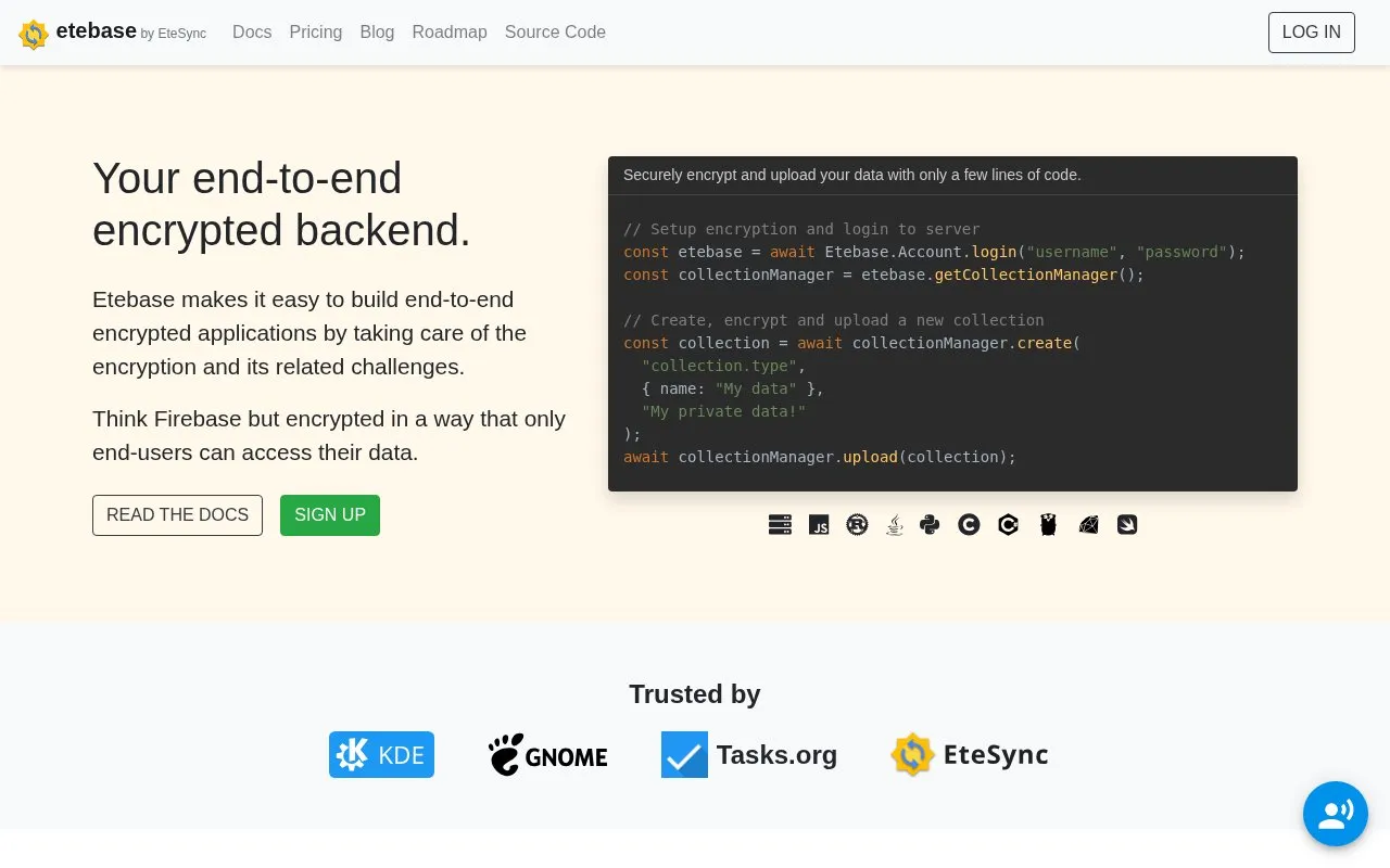 Etebase homepage screenshot