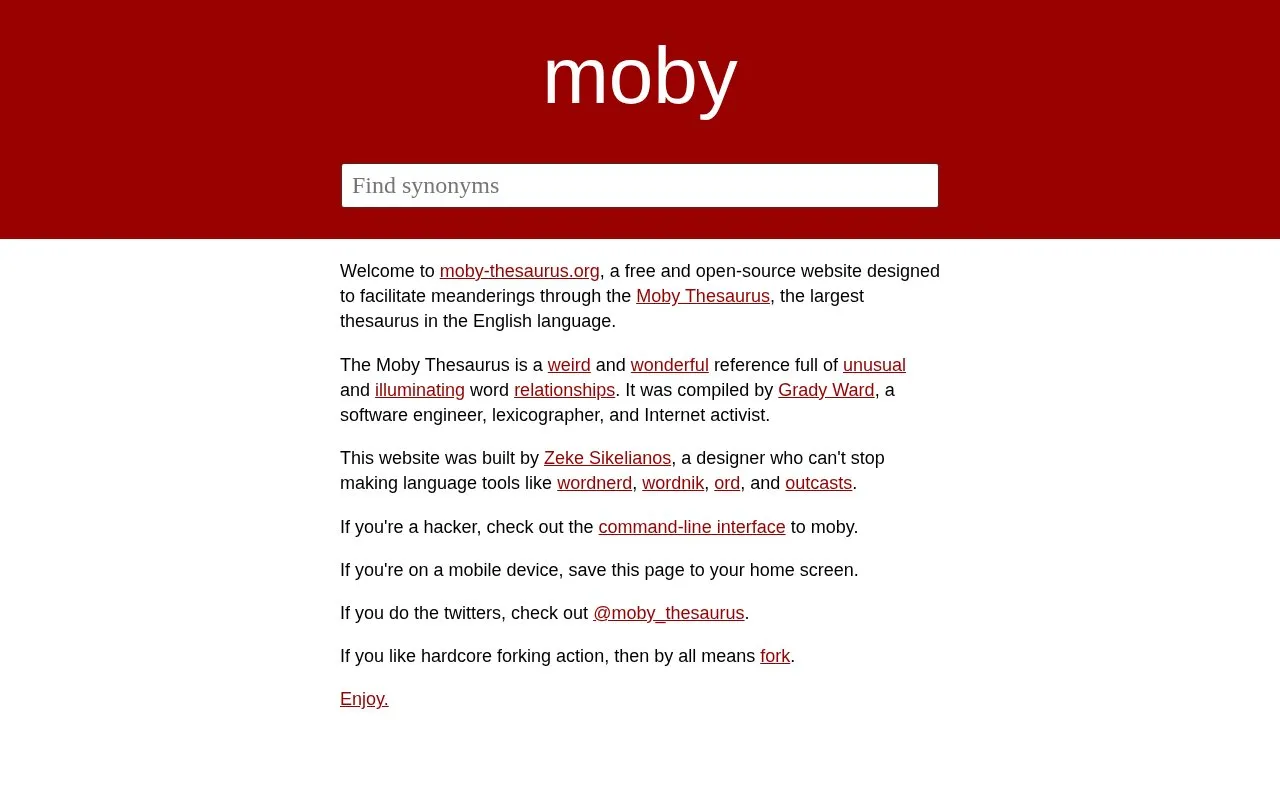 Moby Thesaurus homepage screenshot