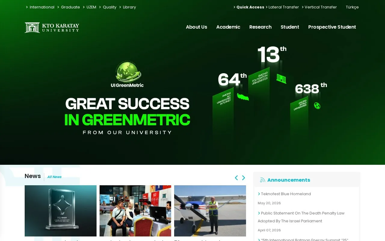 KTO Karatay University homepage screenshot