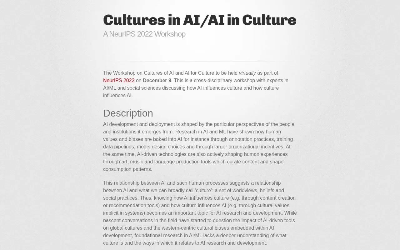 Cultures in AI/AI in Culture homepage screenshot