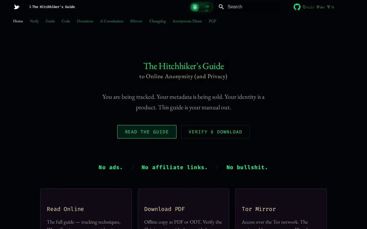 The Hitchhiker’s Guide homepage screenshot