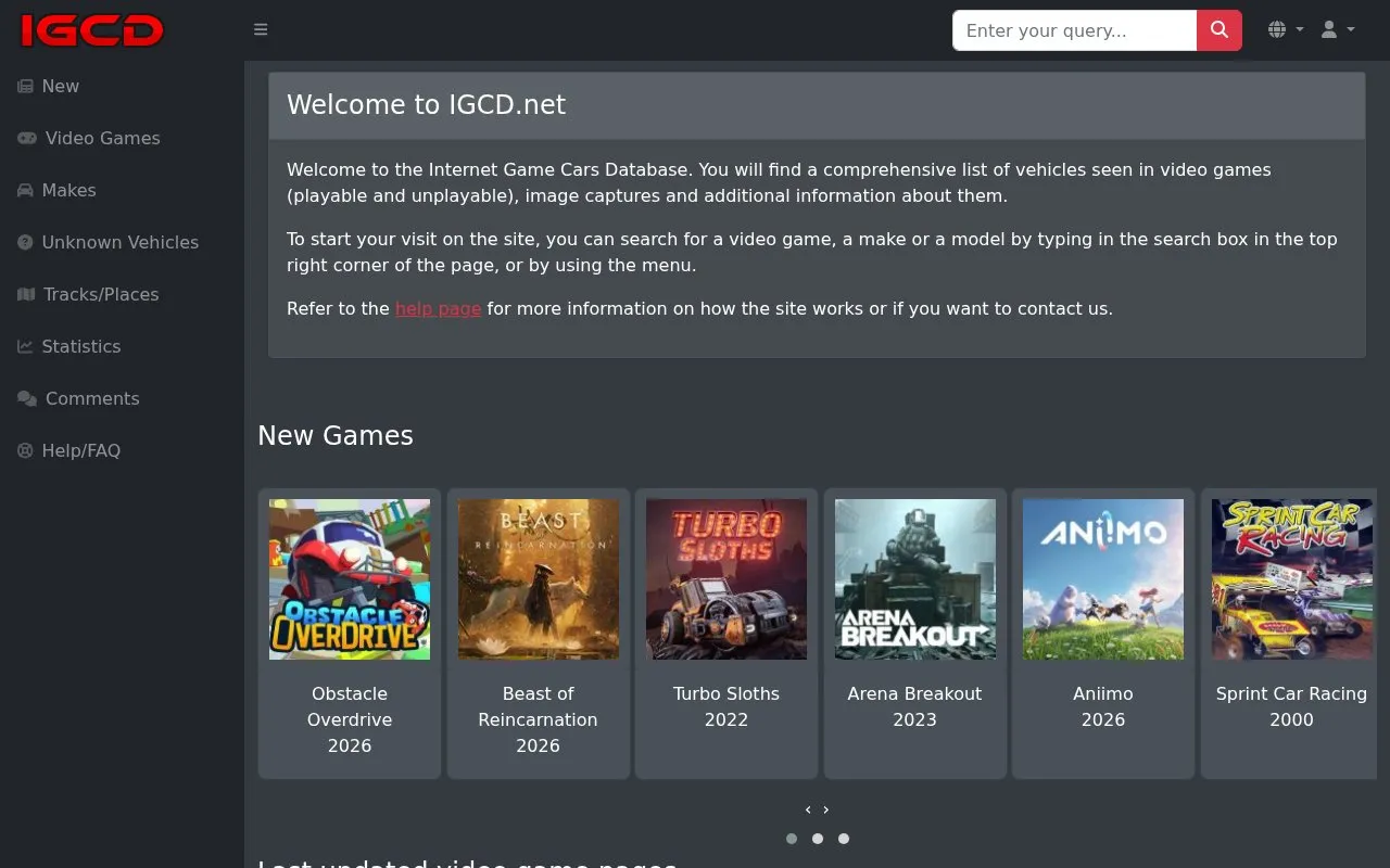 Internet Game Cars Database homepage screenshot