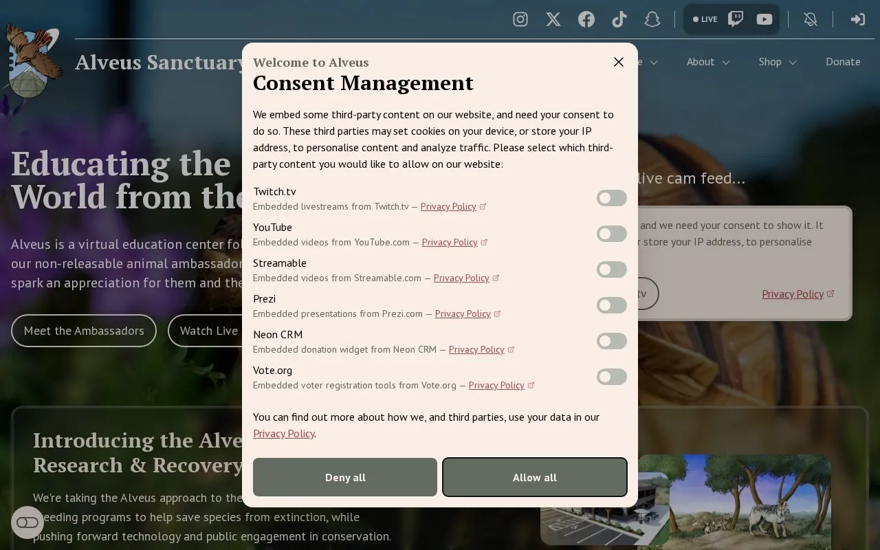 Project Alveus Sanctuary homepage screenshot