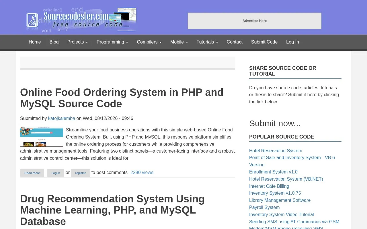 Sourcecodester homepage screenshot