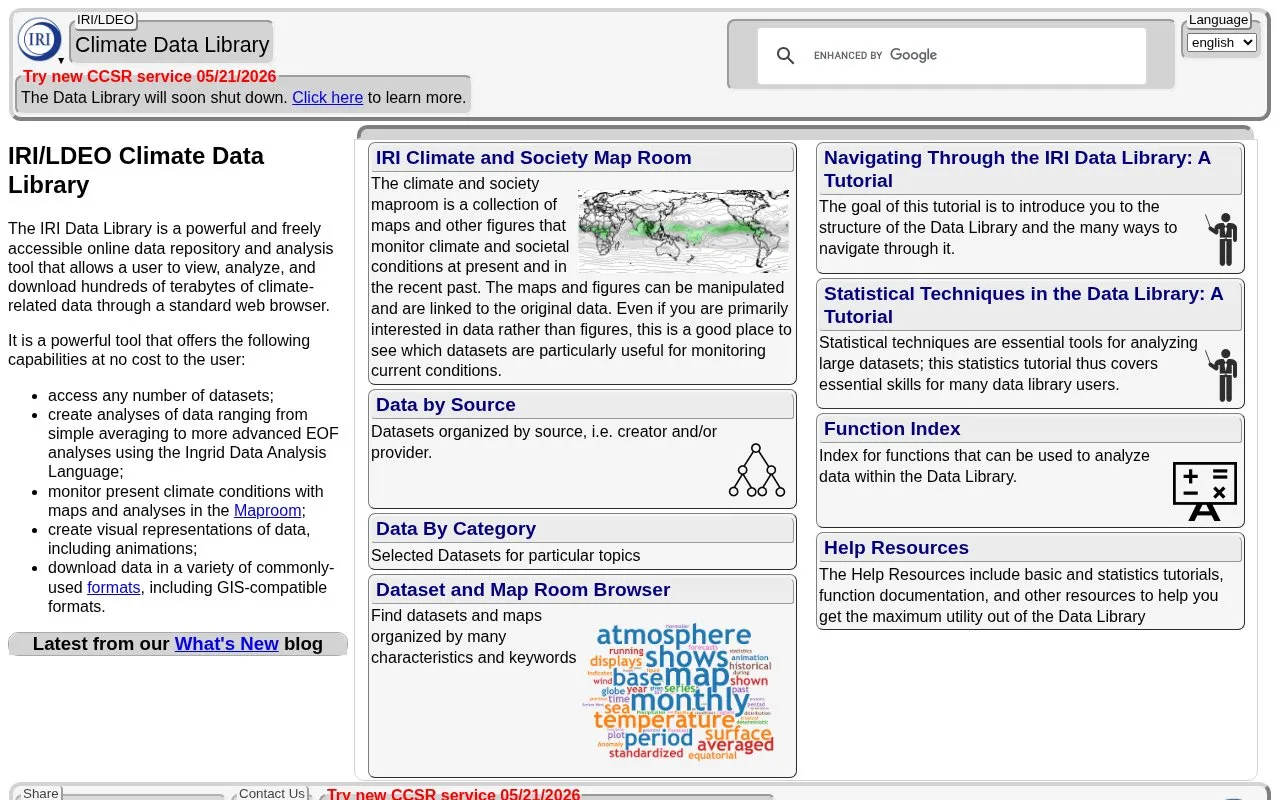 IRI/LDEO Climate Data Library homepage screenshot