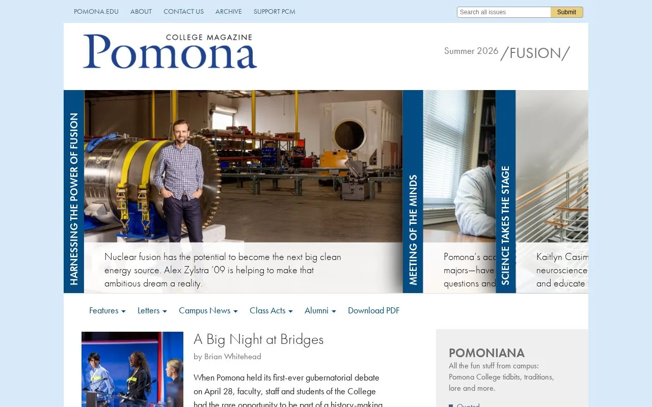Pomona College Magazine homepage screenshot