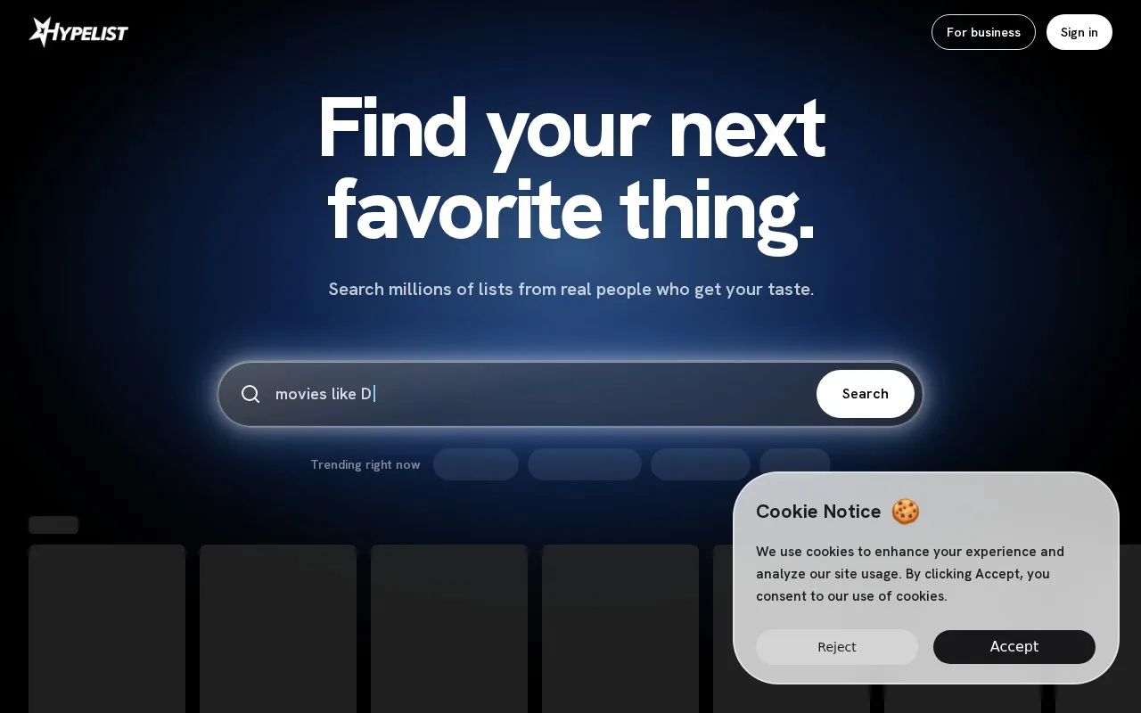 HypeList homepage screenshot