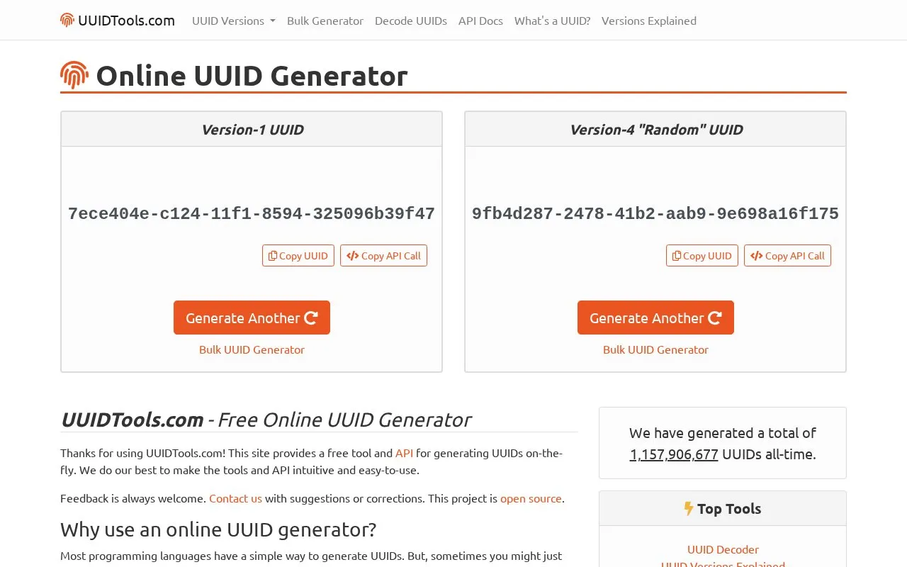 UUID Tools homepage screenshot
