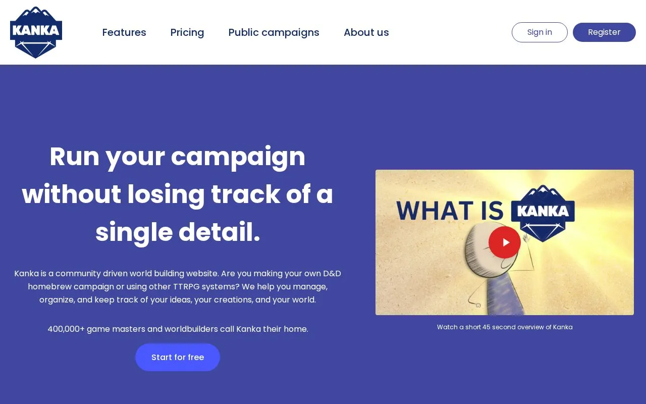 Kanka homepage screenshot
