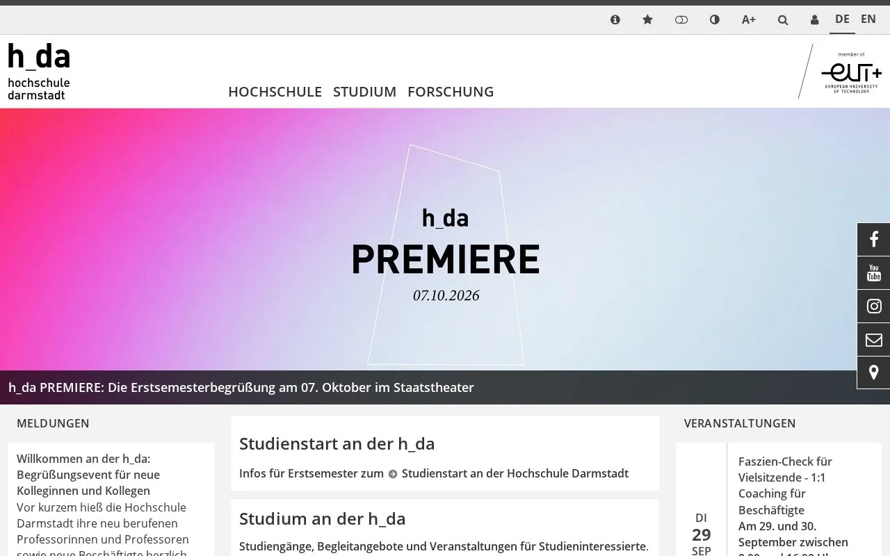 Hochschule Darmstadt homepage screenshot