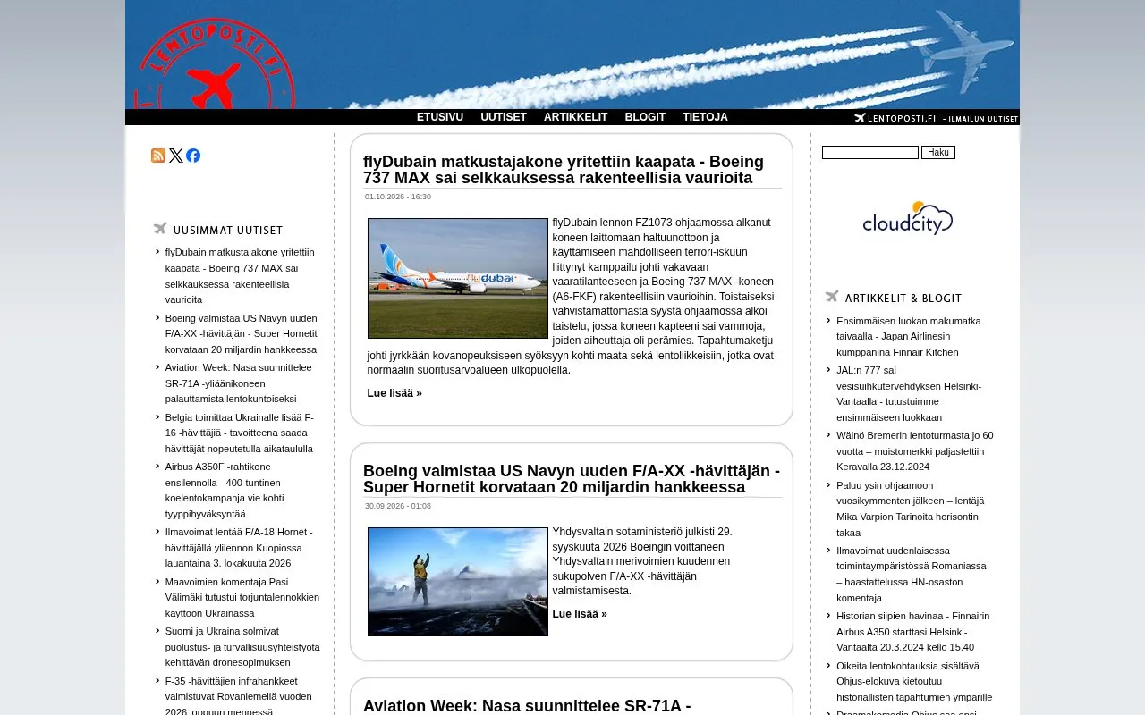 Lentoposti.fi homepage screenshot