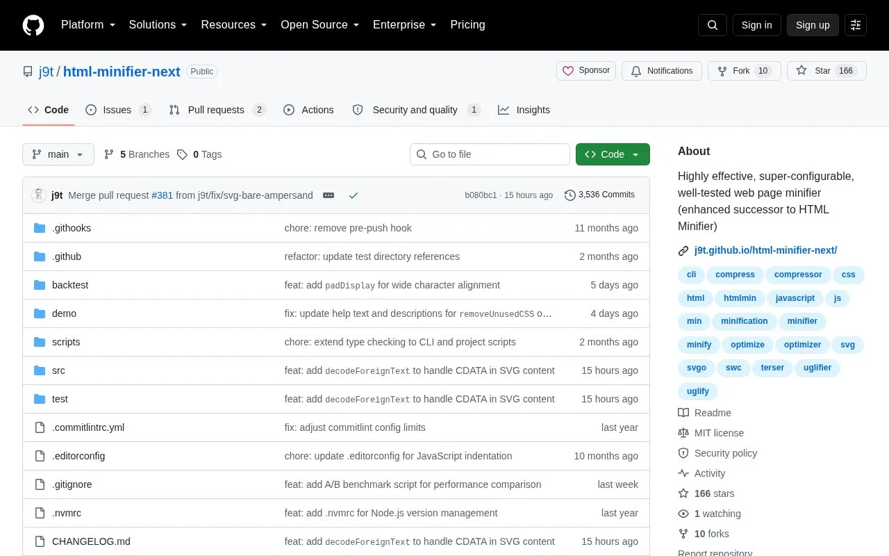 HTML-Minifier homepage screenshot