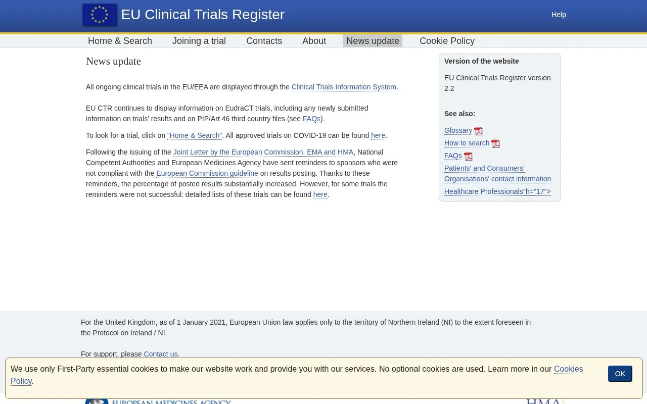 EU Clinical Trial Register homepage screenshot