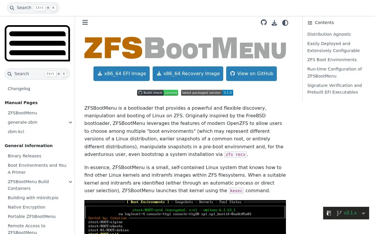 zfsBootMenu homepage screenshot